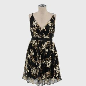 Express Embroidered Fit Flare Dress Womens Sz 4 Black Gold Tulle Going Out Party